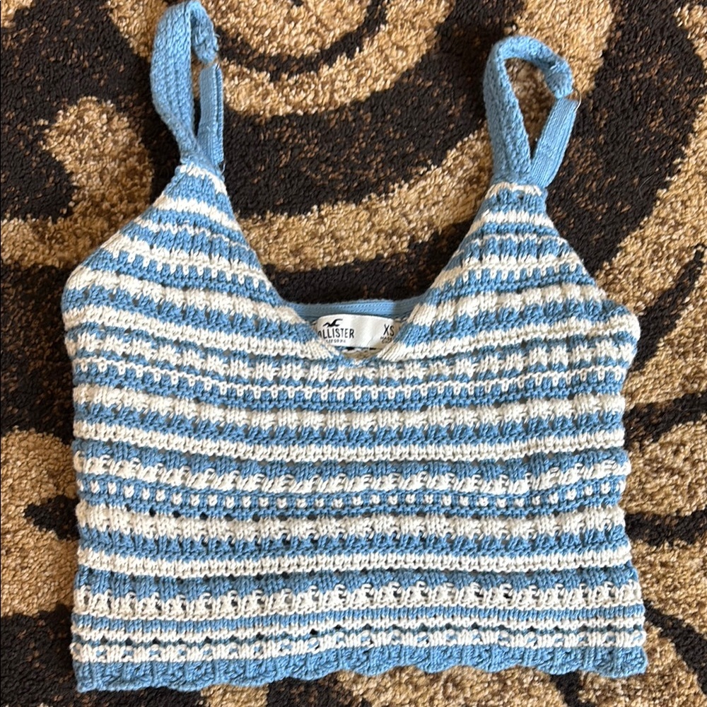 Hollister Blue and White Ribbed Crop Tank Top